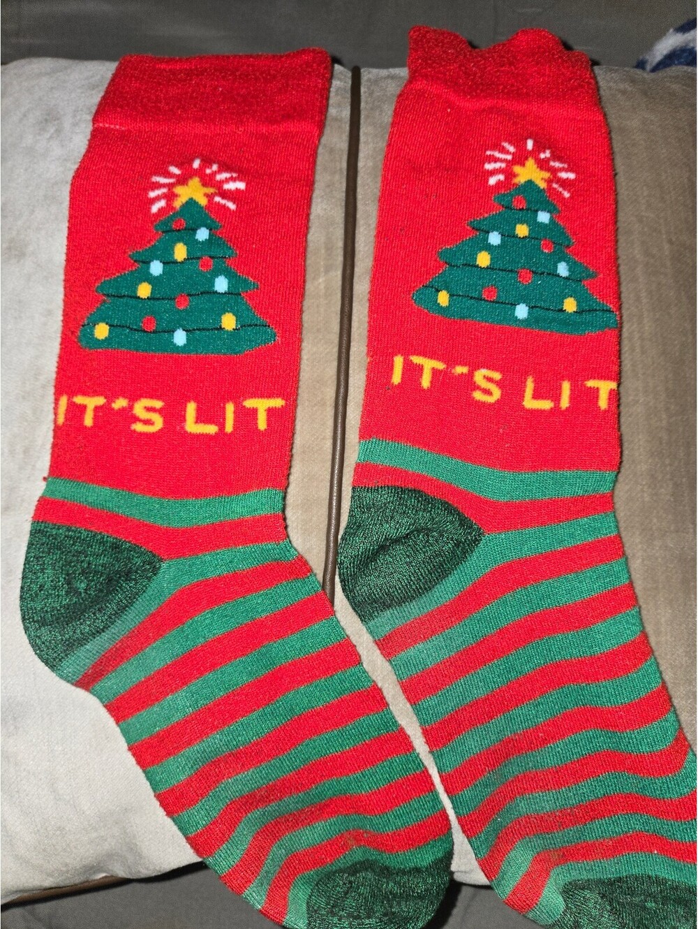 Festive Christmas Tree 'It's Lit' Red and Green Striped Socks